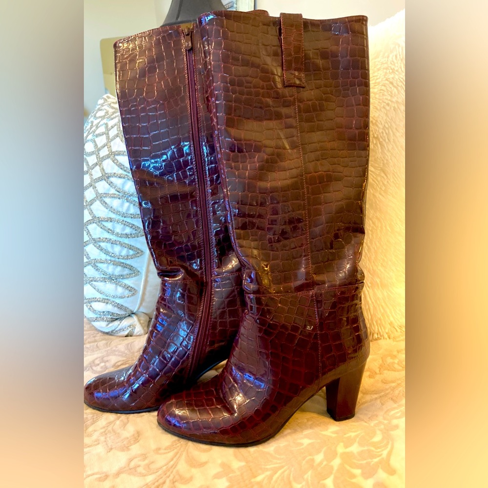 Faux crocodile knee high boots. Size 7
